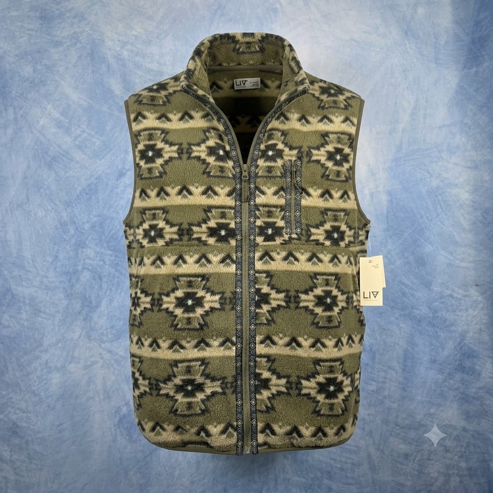 LIV Outdoor Mens XL Fleece Vest Southwestern Geometric Full Zip Olive Green NWT